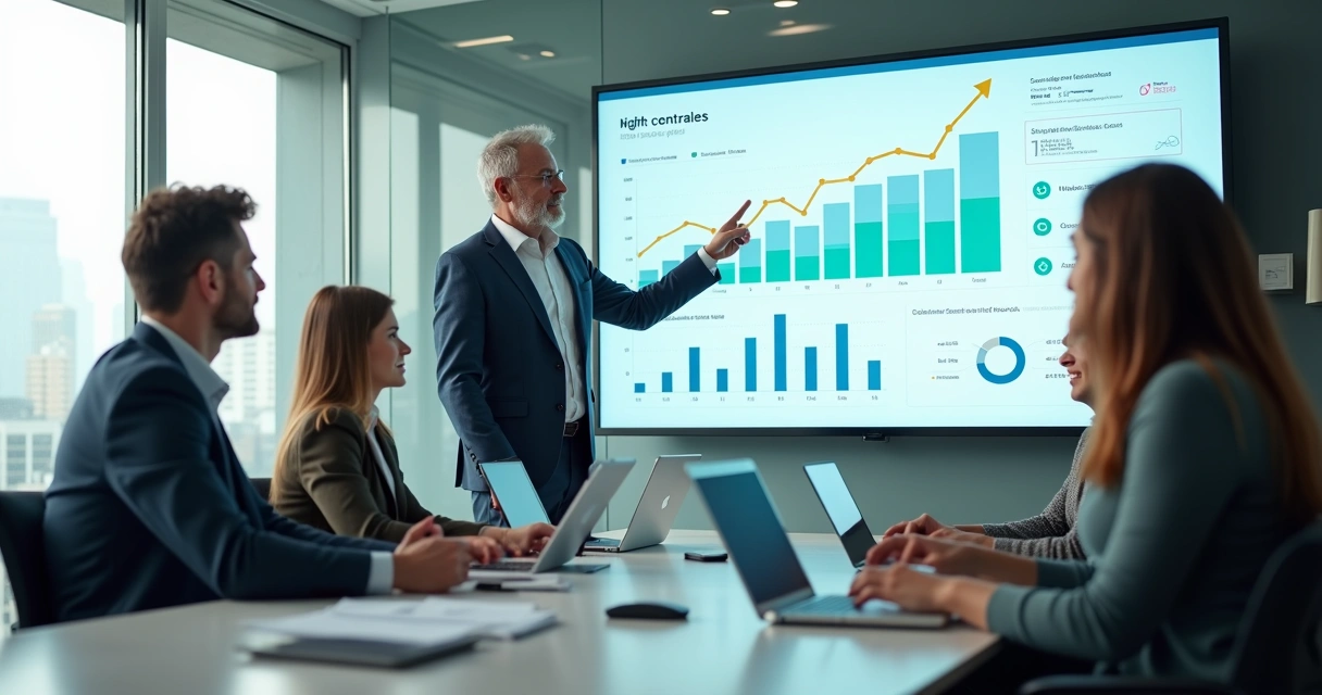 Equipe de vendas reunida em frente a uma tela grande analisando gráficos digitais 