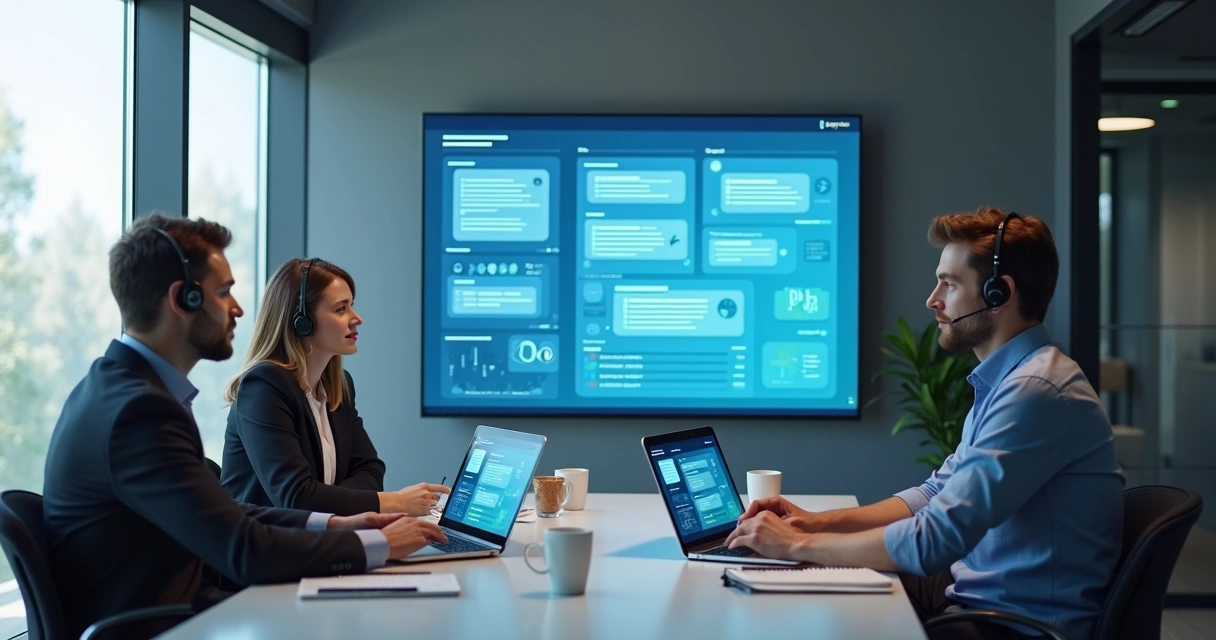 Equipe de suporte analisando conversas com IA em escritório 