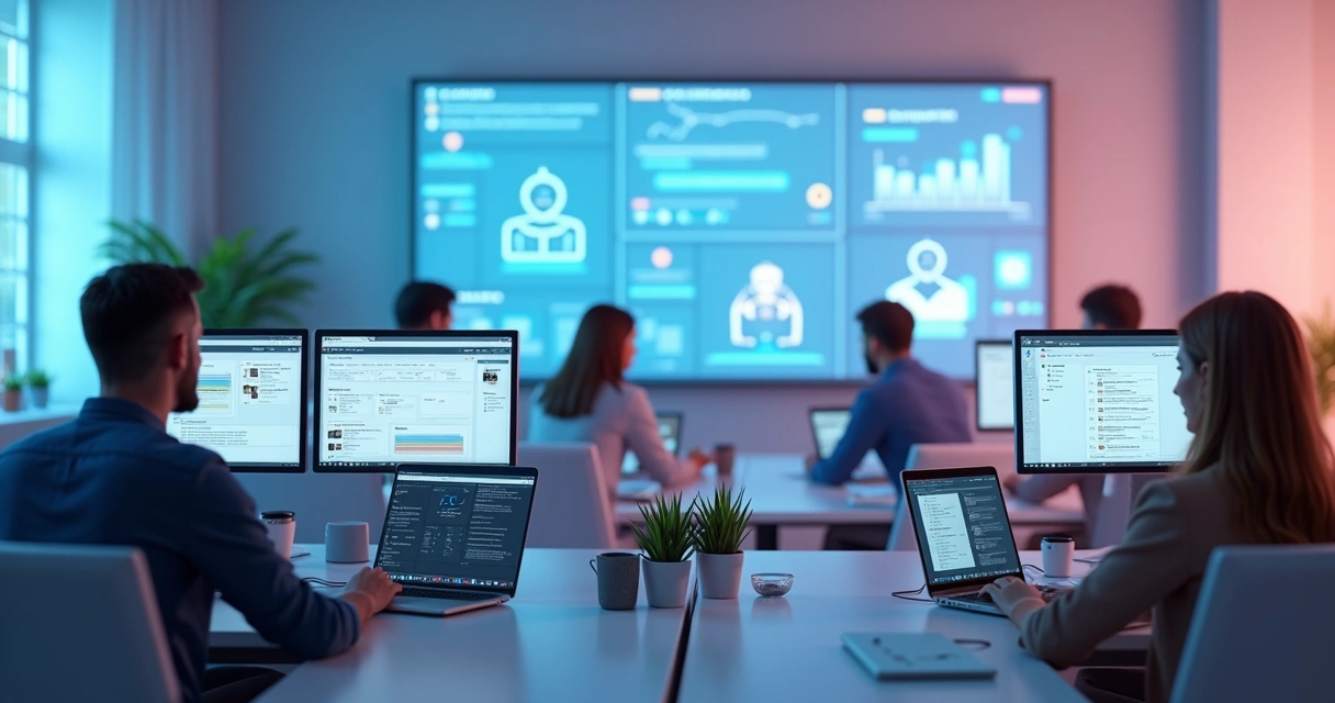 Equipe de suporte de chatbot em empresa, ambiente moderno e computadores