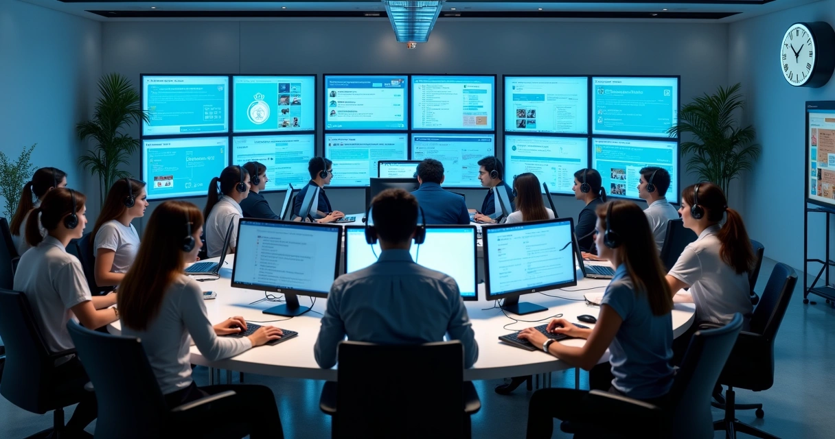 Equipe de suporte ao cliente trabalhando em vários canais digitais 