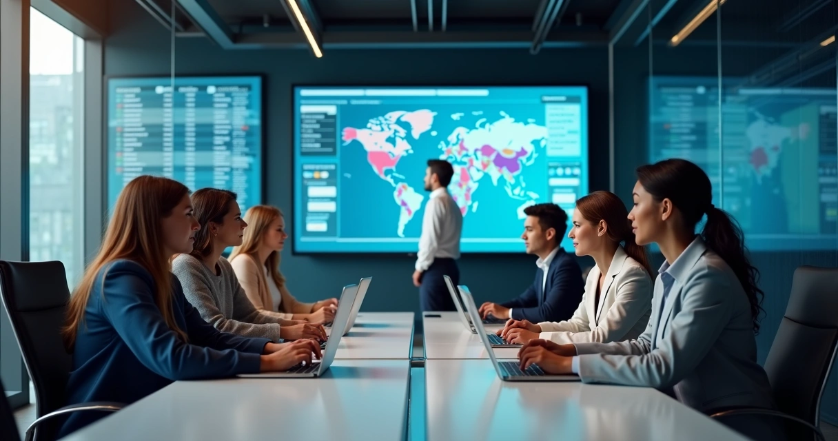 Equipe de suporte discutindo soluções em sala corporativa 