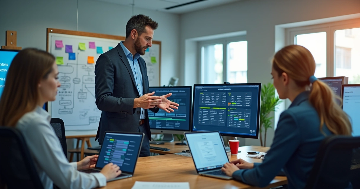 Equipe de consultores de TI conversando próximo a computadores em escritório contábil 