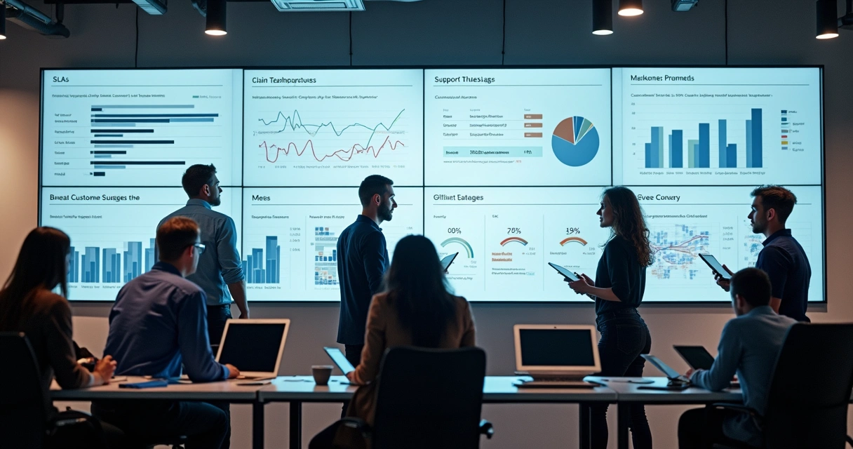 Equipe de suporte e customer success em painel digital de atendimento 