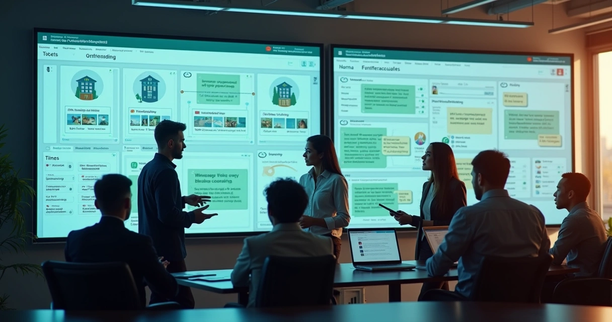 Equipe de atendimento em ambiente digital com telas mostrando integrações, diagramas de fluxos de mensagens no WhatsApp, e elementos visuais relacionados à gestão condominial e imobiliária 