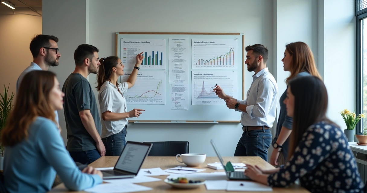 Equipe de suporte técnico reunida em frente a um quadro analisando SLAs