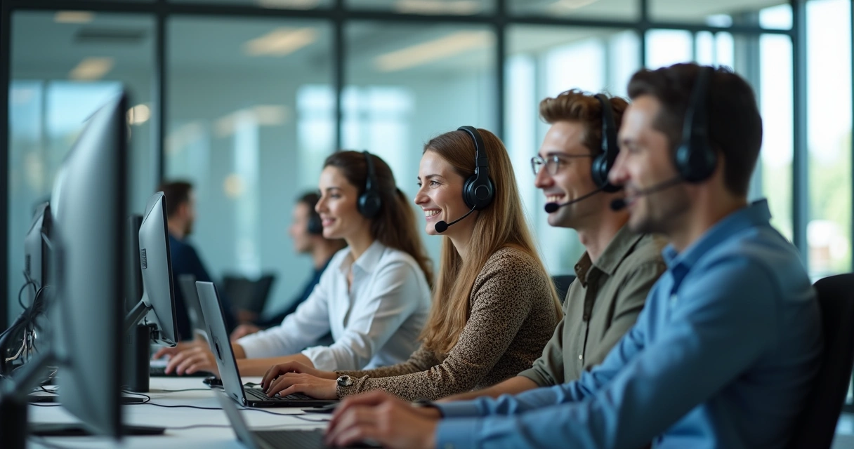 Equipe de suporte EAD atendendo clientes em escritório moderno 