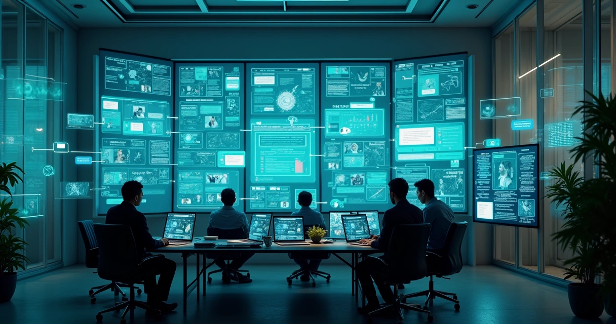 Equipe de suporte empresarial em ambiente digital integrado 