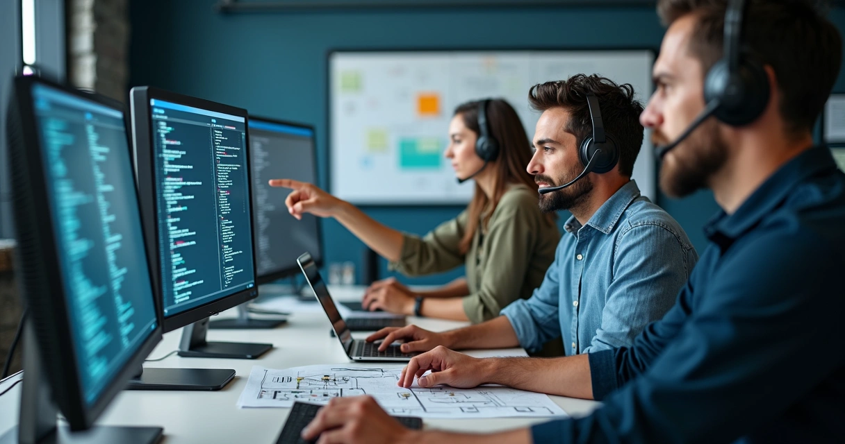 Equipe de suporte discutindo soluções técnicas