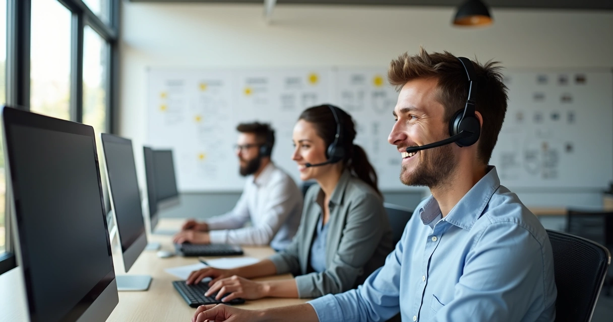 Equipe de suporte de TI sorrindo perto de computadores em uma sala moderna 
