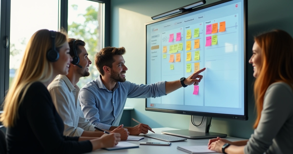 Equipe de atendimento reunida ao redor de um monitor, interagindo com Kanban digital 