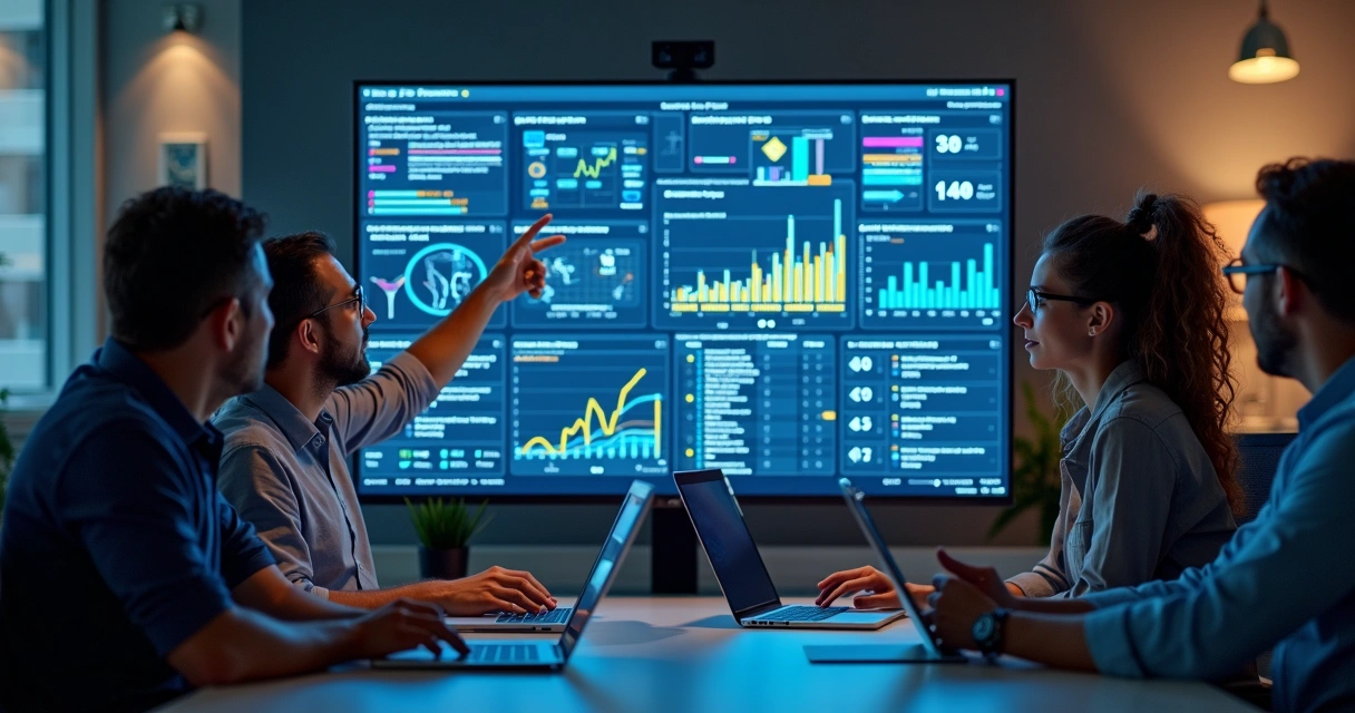 Equipe de TI analisando tela de firewall em escritório 