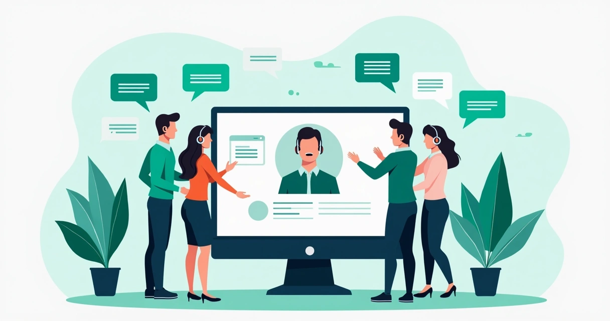 Equipe de atendimento ao lado de computador, ajudando cliente animado 