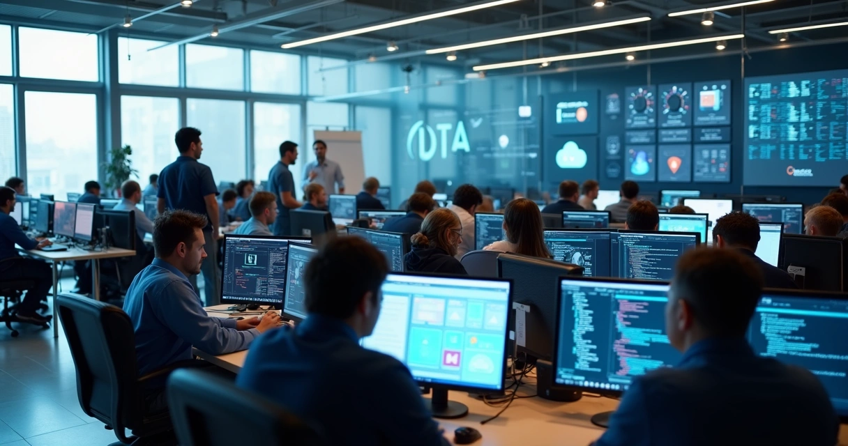 Equipe de suporte de informática trabalhando em escritório moderno 
