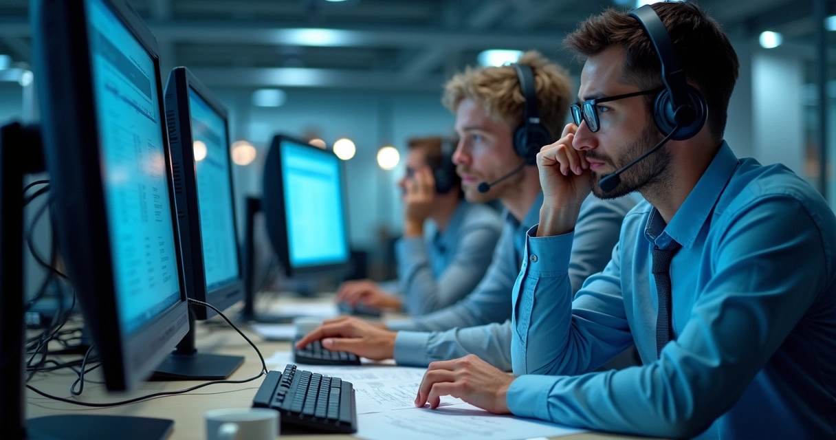 Equipe de suporte analisando múltiplos sistemas de notas fiscais eletrônicas