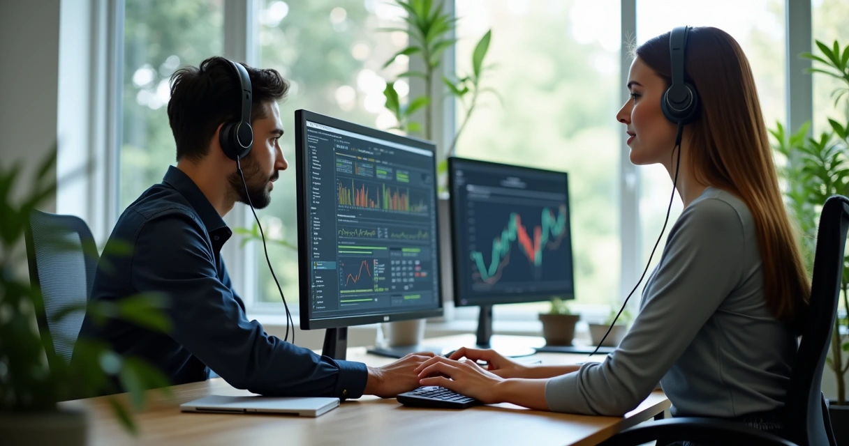 Equipe de suporte em marketing trabalhando em computadores lado a lado 