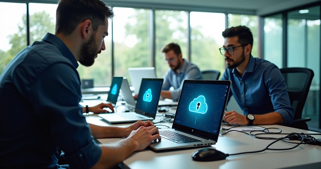 Equipe de TI realizando suporte de notebooks para empresa 