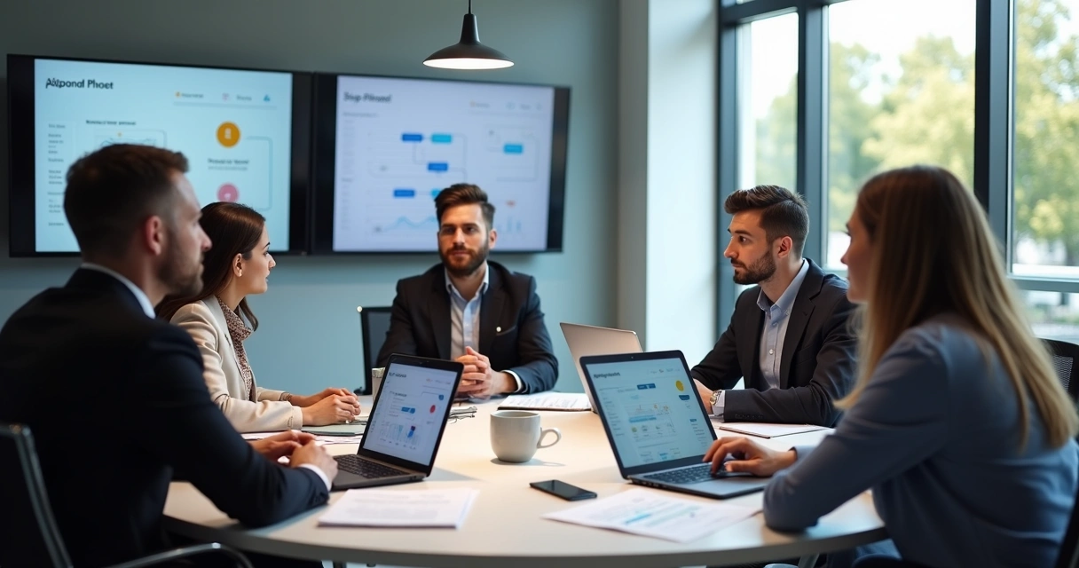 Equipe de suporte ao cliente em mesa redonda analisando sistema de pagamentos