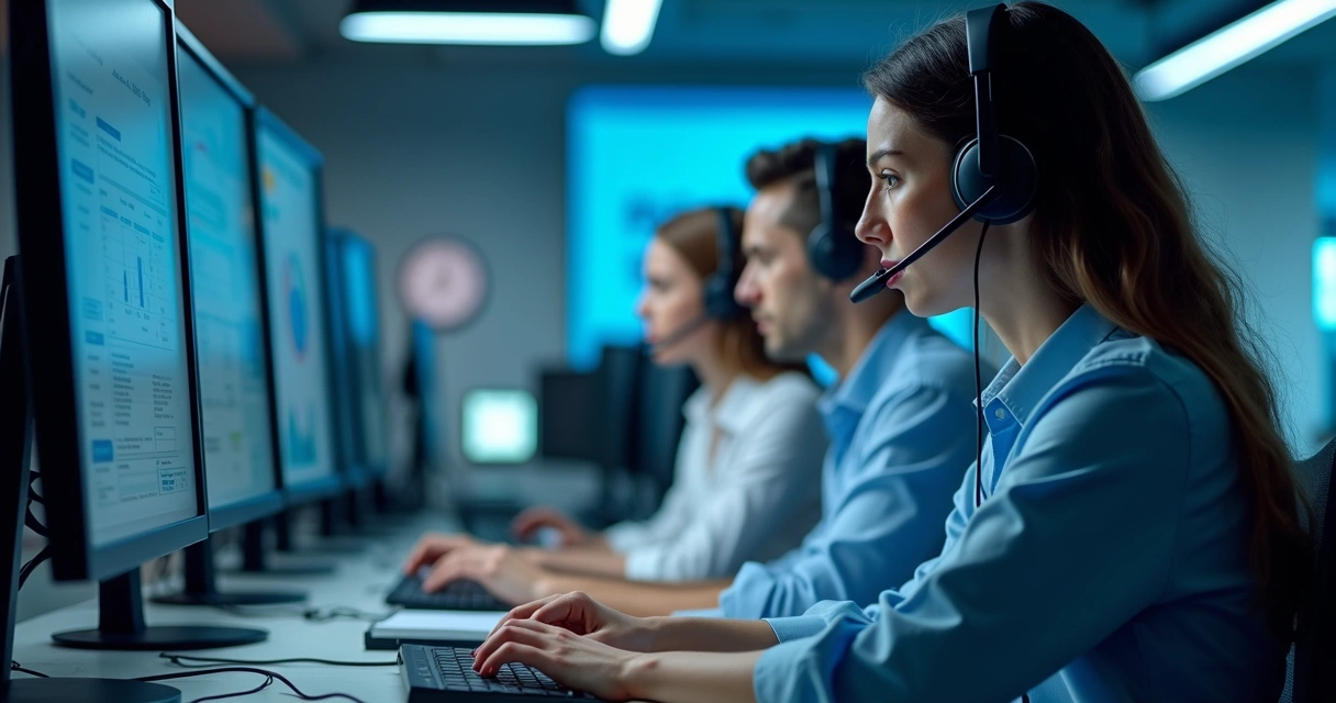 Equipe de suporte de TI em estação de trabalho monitorando chamados