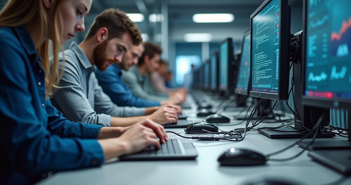 Técnicos de TI trabalhando em bancada, analisando equipamentos e notebooks 