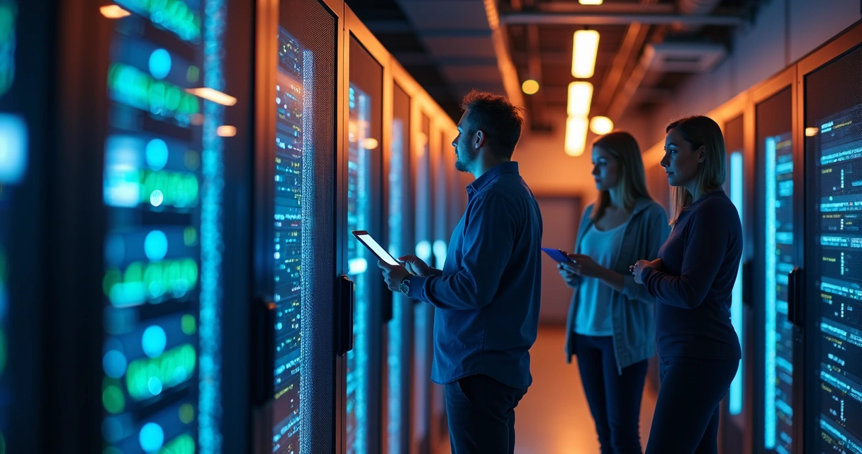 Equipe de suporte técnico conversando em uma sala de servidores 