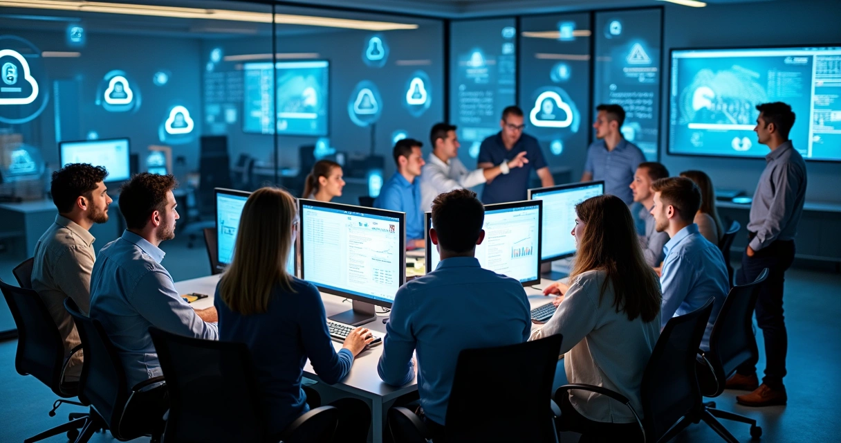 Equipe de suporte técnico colaborando em ambiente de escritório 