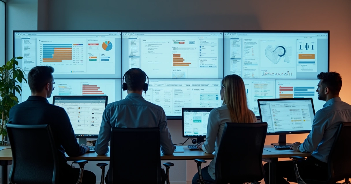 Equipe de suporte técnico reunida em frente a monitores com gráficos de CRM 