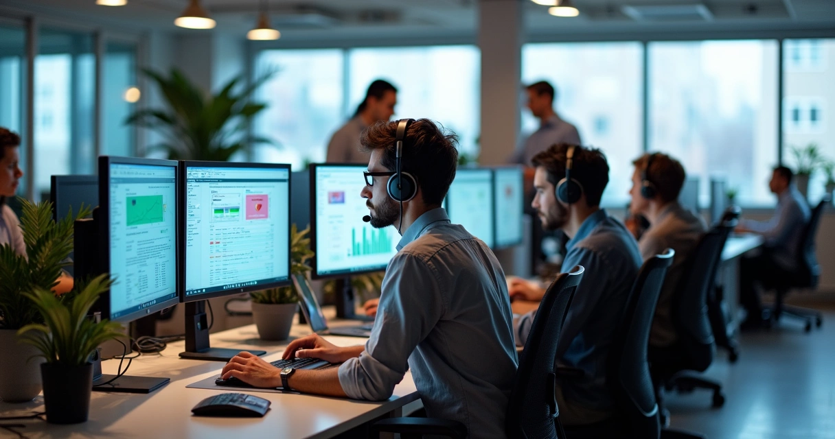 Equipe de suporte técnico trabalhando em computadores 