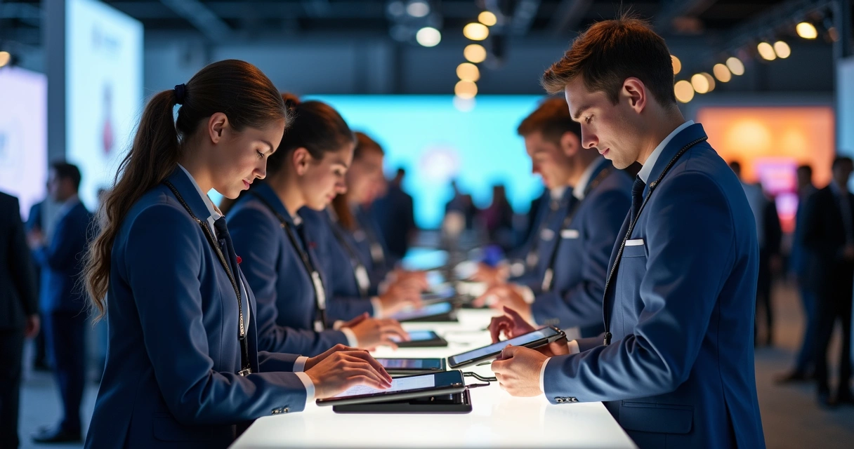 Equipe de suporte técnico com tablets em evento corporativo