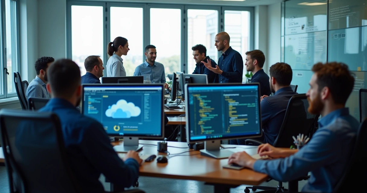 Equipe de suporte técnico reunida ao redor de monitores em ambiente de TI.