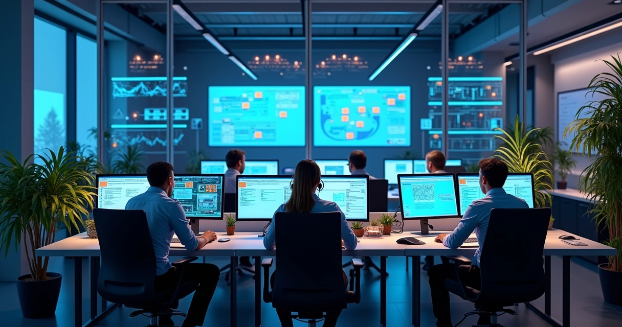 Profissionais de TI resolvendo chamados em vários computadores