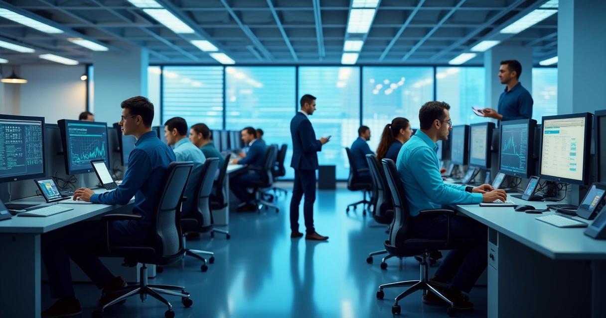 Equipe de suporte técnico trabalhando em ambiente corporativo 