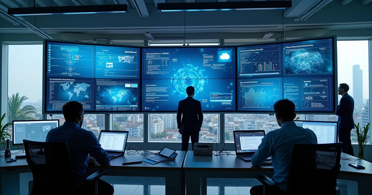 Equipe de TI monitorando sistemas em escritório corporativo 