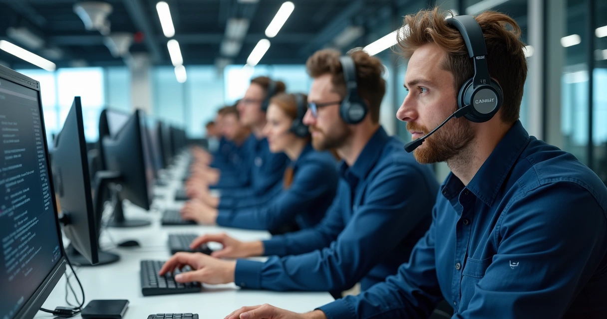 Equipe de técnicos de TI realizando atendimento presencial em uma empresa