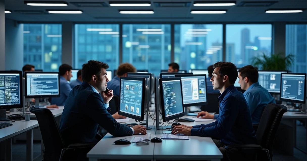 Equipe de suporte de TI trabalhando em ambiente corporativo