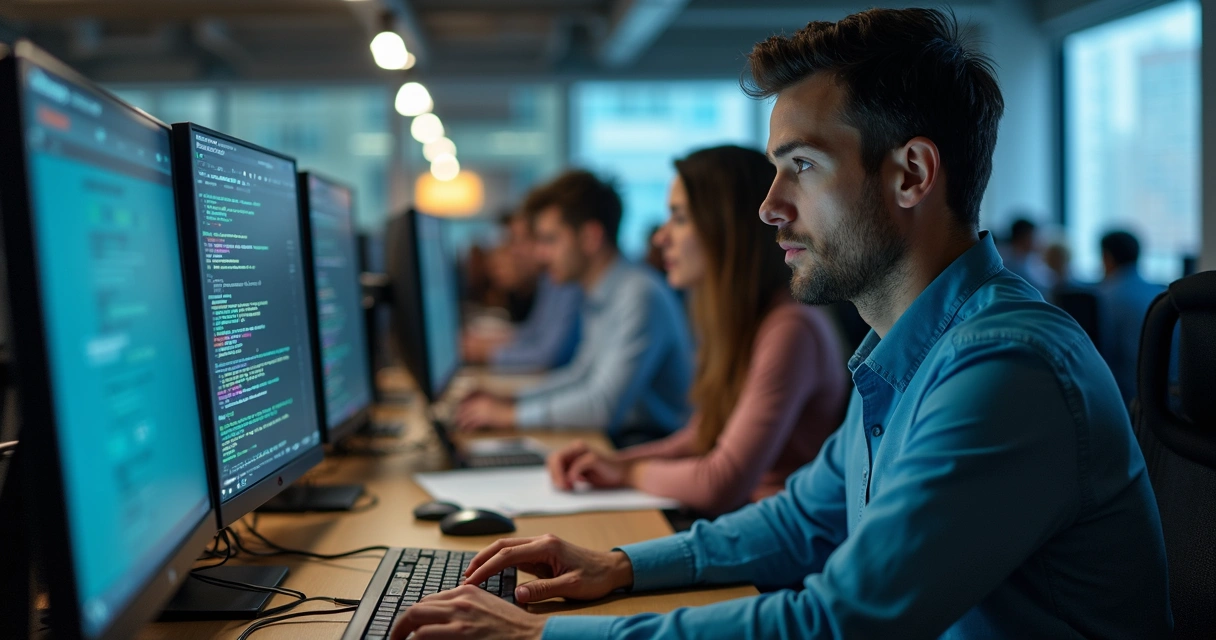 Equipe de suporte de TI trabalhando em empresa