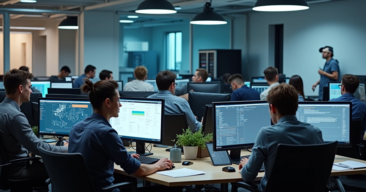Equipe de suporte de TI analisando computadores em ambiente corporativo 