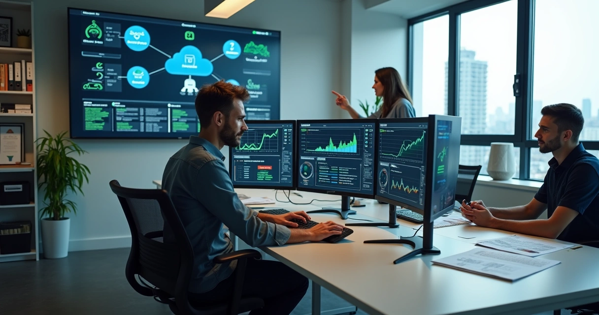 Equipe de suporte em TI monitora painéis de sistemas em escritório de contabilidade. 