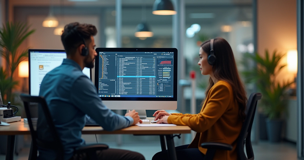 Equipe de TI da EleveTech orientando contador em escritório moderno 