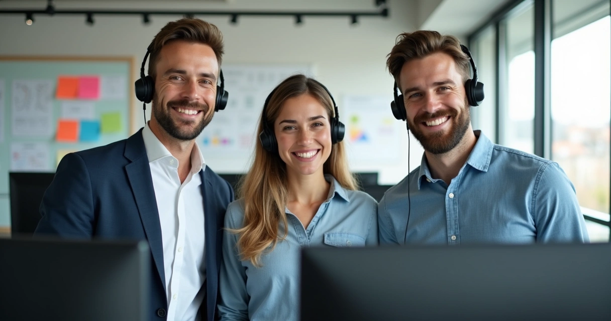 Equipe de suporte de TI sorrindo em escritório moderno 