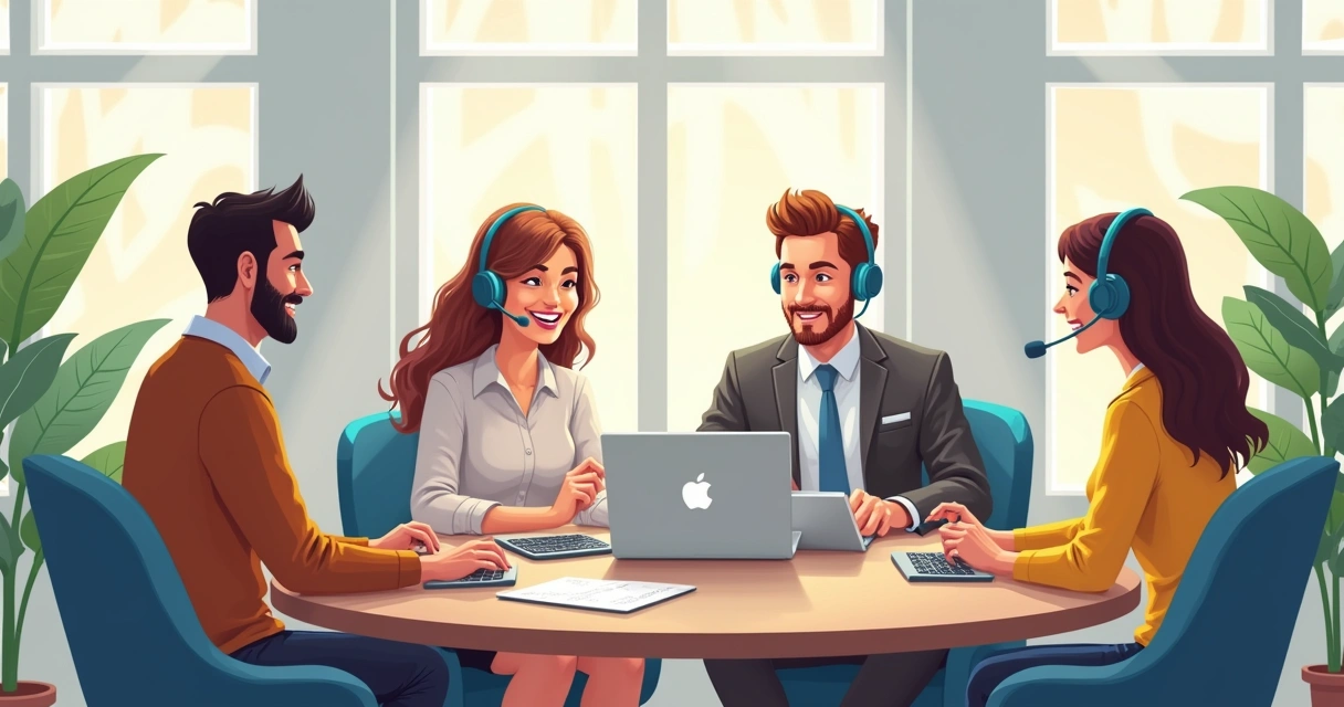 Equipe humana de suporte técnico conversando com cliente em escritório 