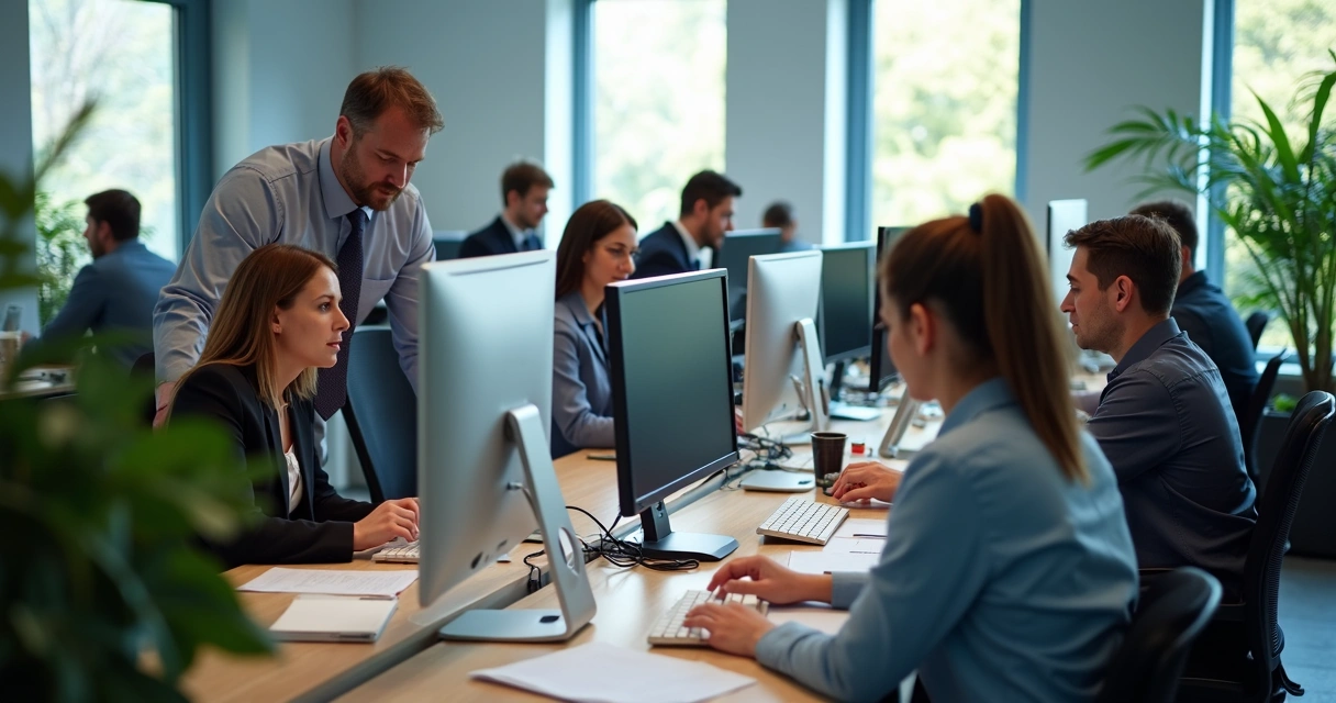 Equipe de TI configurando computadores em escritório contábil moderno. 