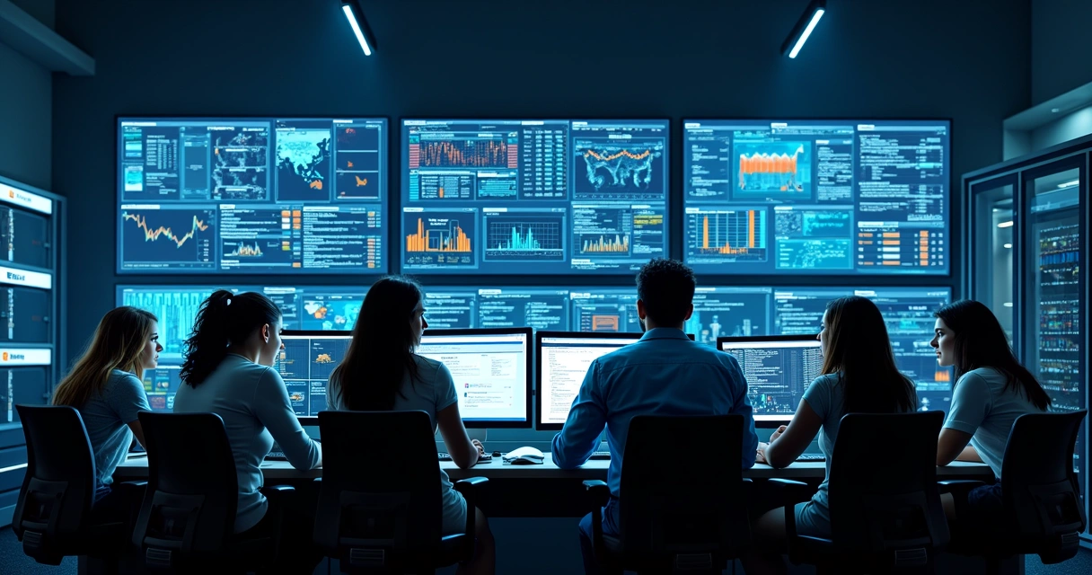 Equipe de TI monitorando redes em telas grandes