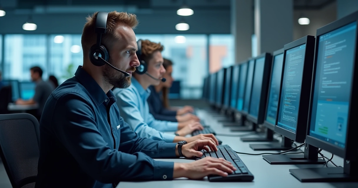 Equipe de suporte técnico resolvendo chamados em diferentes níveis em um escritório moderno 