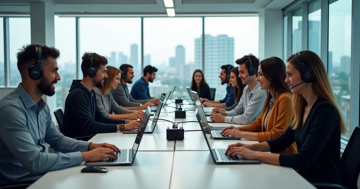 Equipe de suporte técnico de TI atendendo clientes em notebooks. 