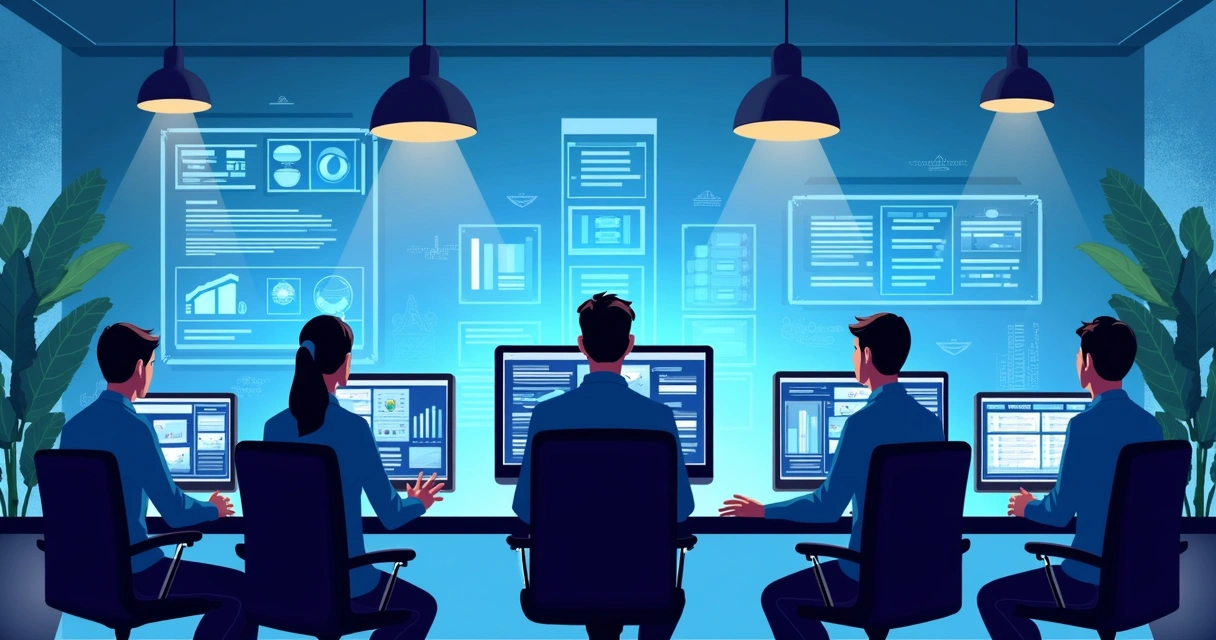 Equipe de suporte de TI monitorando telas de computadores em ambiente corporativo moderno 