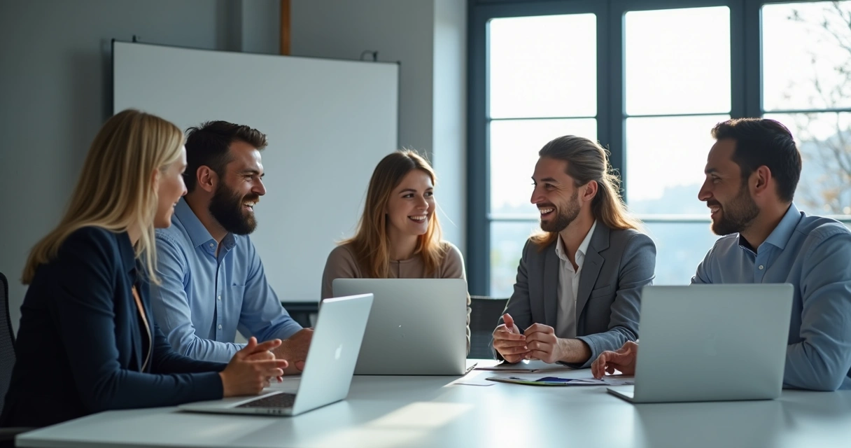 Equipe de TI discutindo problema em sala moderna, quadros e notebooks na mesa 