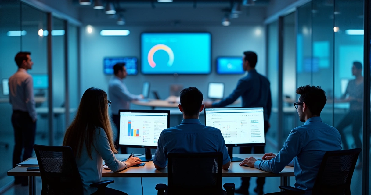 Equipe de suporte de TI analisando computadores em escritório moderno