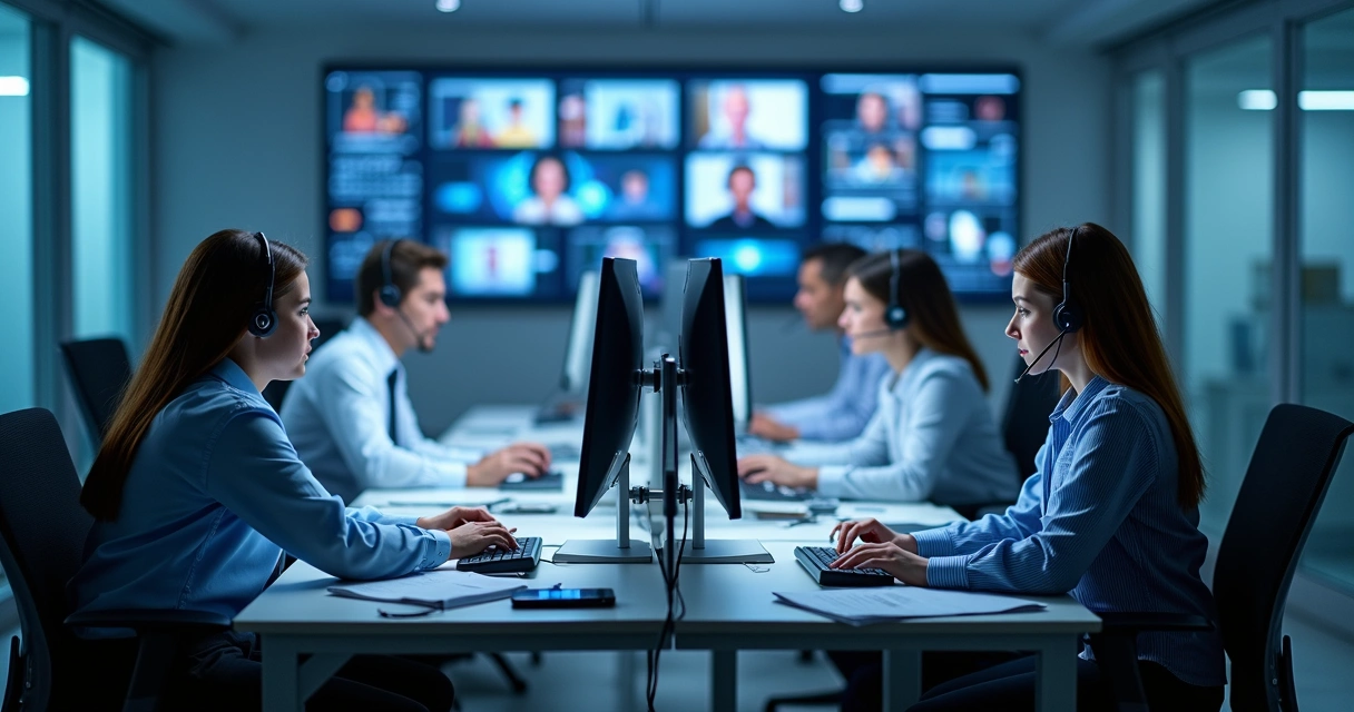 Equipe de suporte de TI trabalhando em computadores e telefones