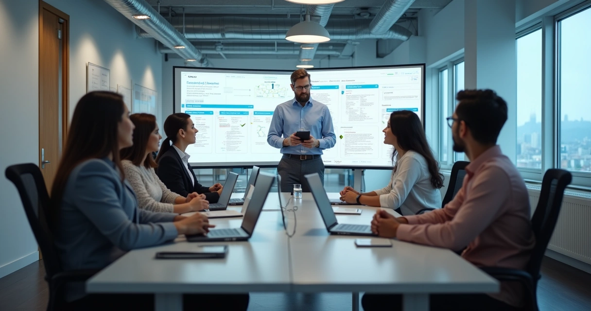 Equipe de suporte ERP treinando grupo de colaboradores em escritório moderno 