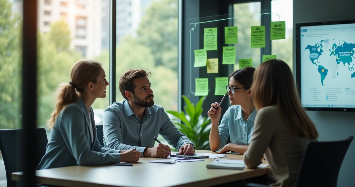 Equipe empresarial analisando práticas ESG e ativos intangíveis na empresa. 